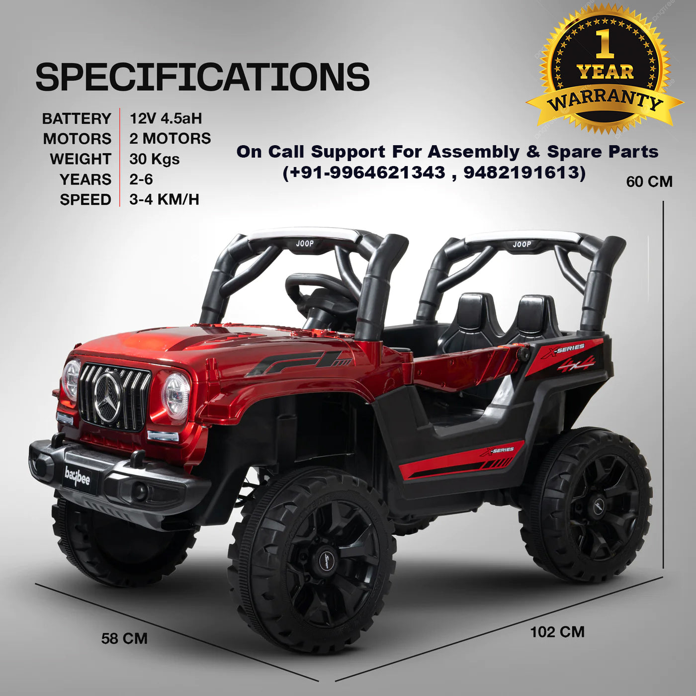 4x4 Motor Kids Battery Operated Electric Jeep for 1, 2, 3, 4, 5, 6 Years | Remote Control + Manual Steering Drive + Mobile App | Kids Jeeps | Most Gifted Car