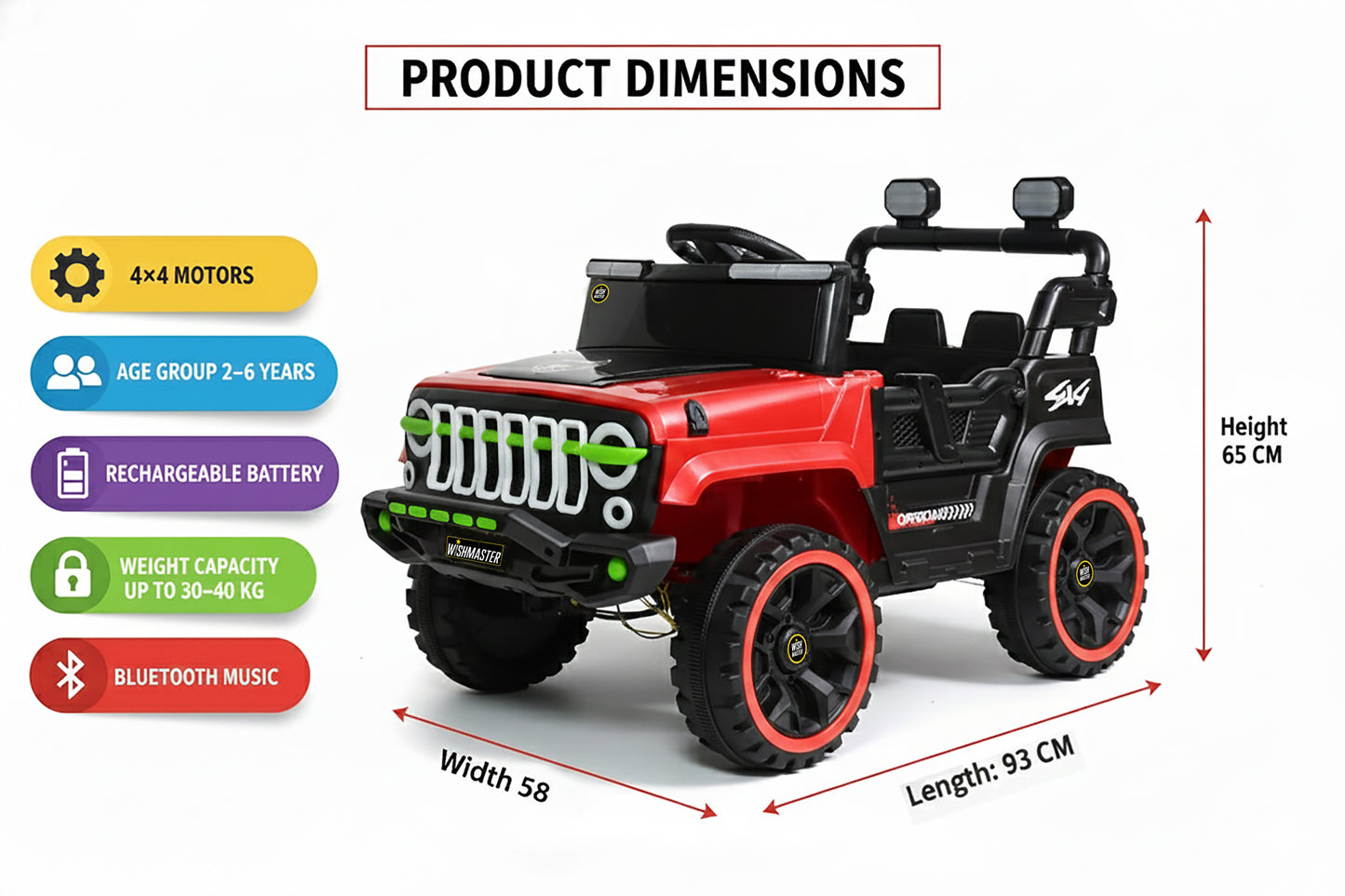 Kids 4x2 Jeep Wrangler| Electric Driving Car| Remote + Steering + Mobile App Control| [1-6 year]