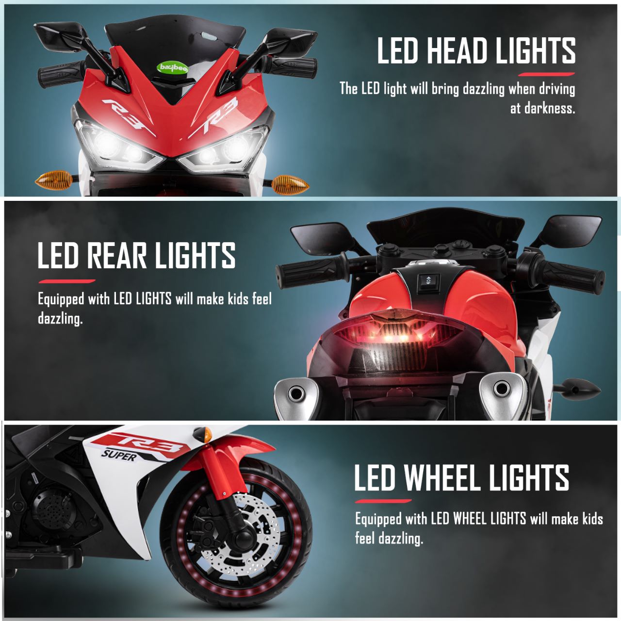 Kids R3 Electric Ride On Bike For 1 - 8 Year Children With Hand Accelerator & Foot Brake + Music Player + 1 Year Warranty