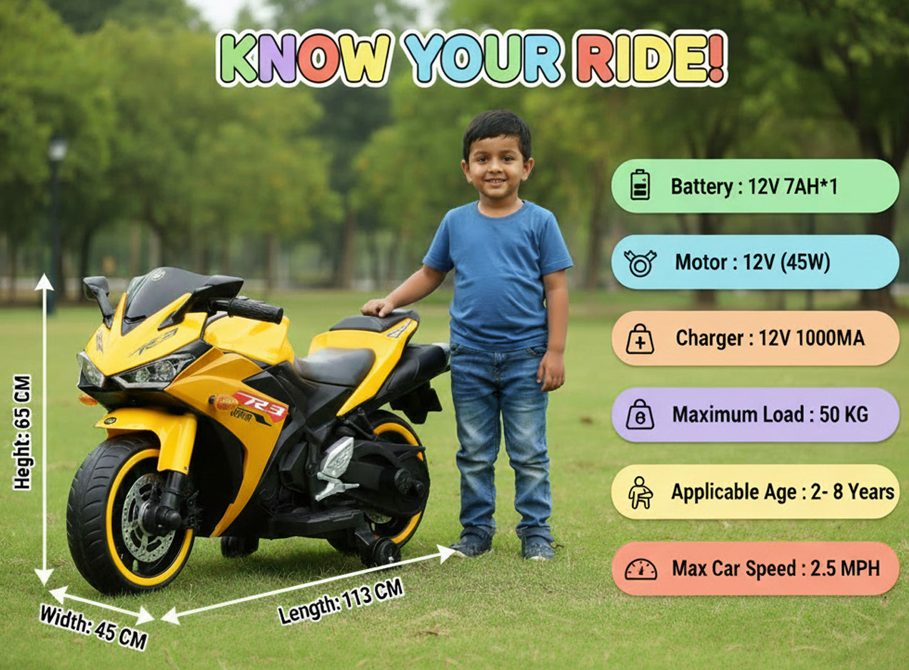 Kids Dhoom Bike| Electric Ride On Bike | With Hand Accelerator & Foot Brake + Music Player| [2-8 Year]