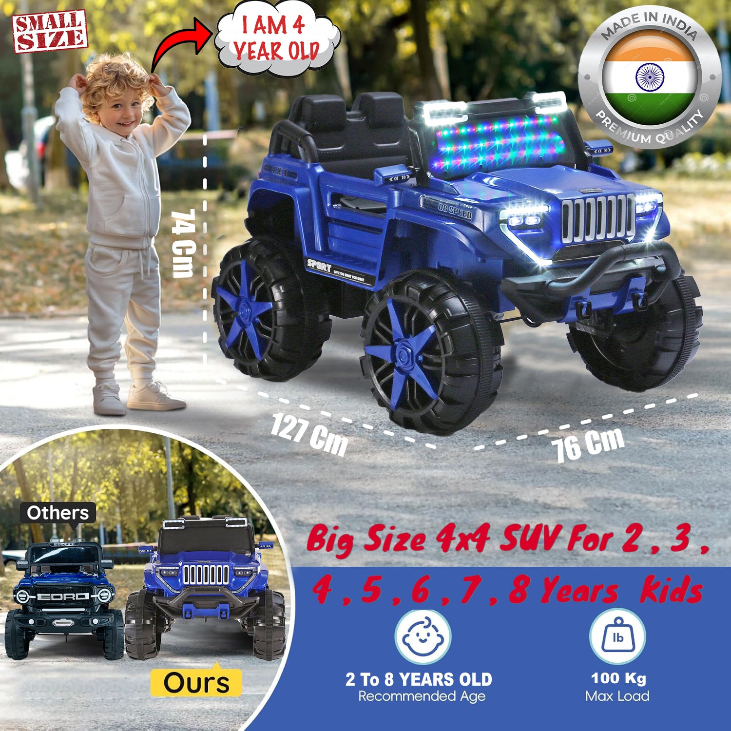Big Size 4x4 Baby Rechargeable Battery Operated Electric Ride-On Jeep car for Kids Riding Toy Car with R/C for Boys & Girls Babies Toddlers Age 1 to 8 Years