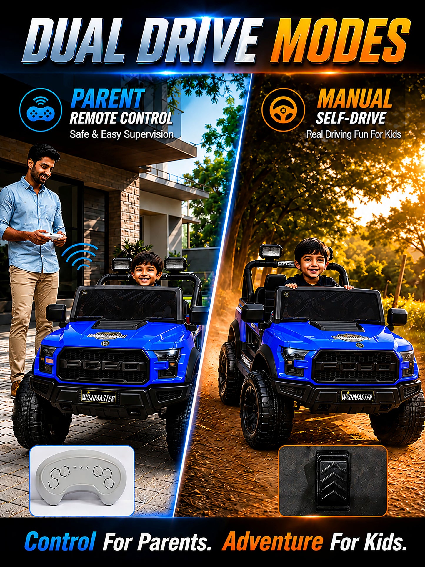 Kids 4x4 POBO Driving Electric Car | Remote + Steering + Mobile App Control | Kids Jeep | [1-8 Year]
